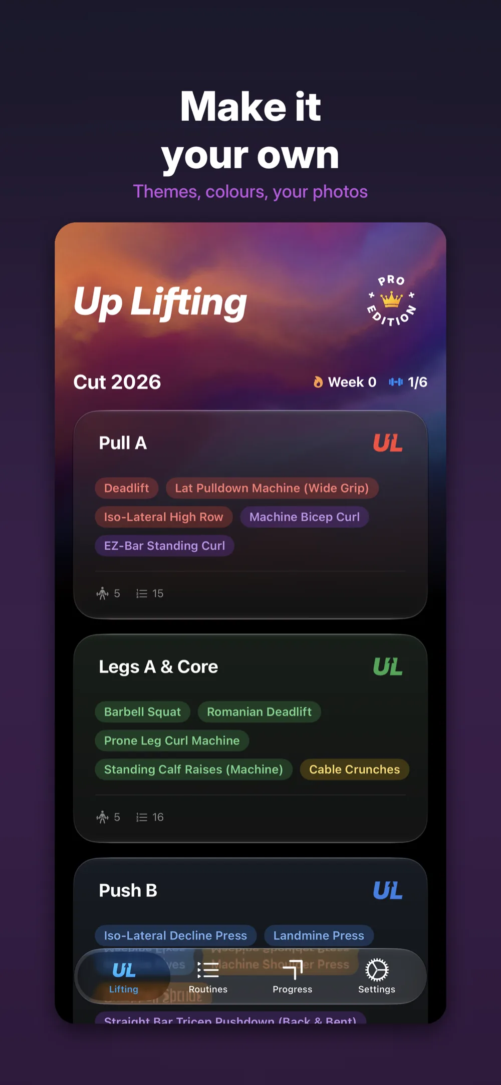 Up Lifting on iPhone &ndash; home screen themed with a custom wallpaper and accent colour