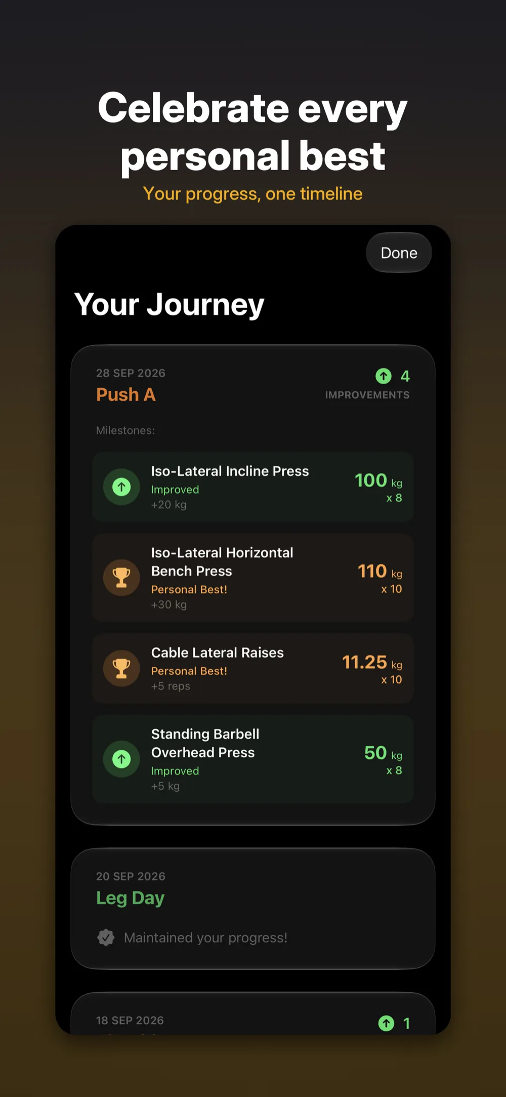 Up Lifting on iPhone &ndash; Your Journey timeline listing personal bests and improvements