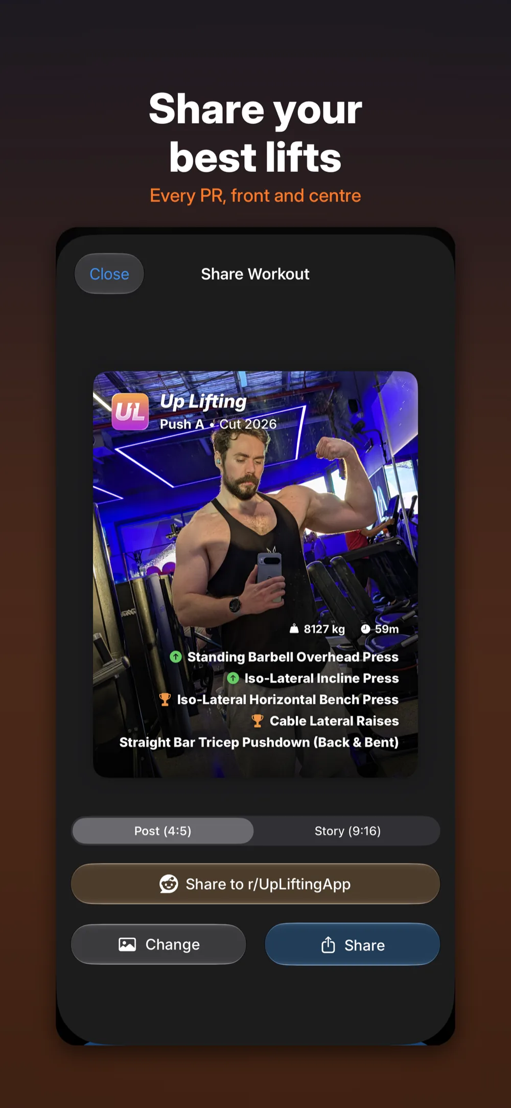 Up Lifting on iPhone &ndash; workout share card being posted to the community
