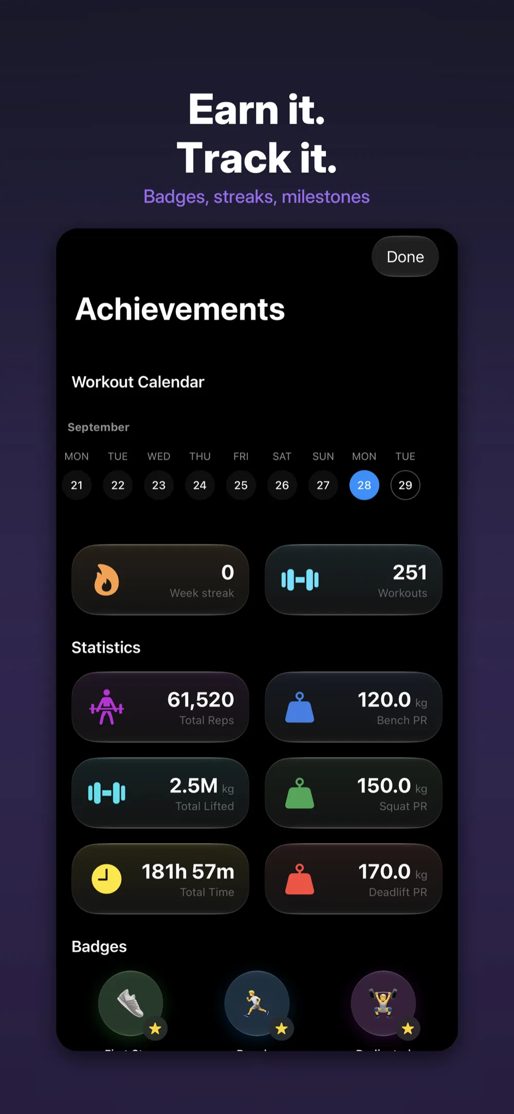 Up Lifting on iPhone &ndash; achievements screen with workout calendar, statistics and badges
