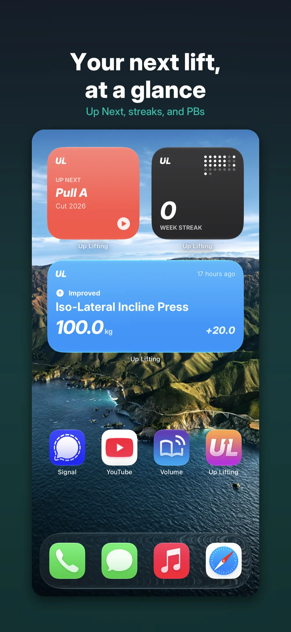 Up Lifting on iPhone &ndash; home screen widgets showing the next workout, streak and recent PBs
