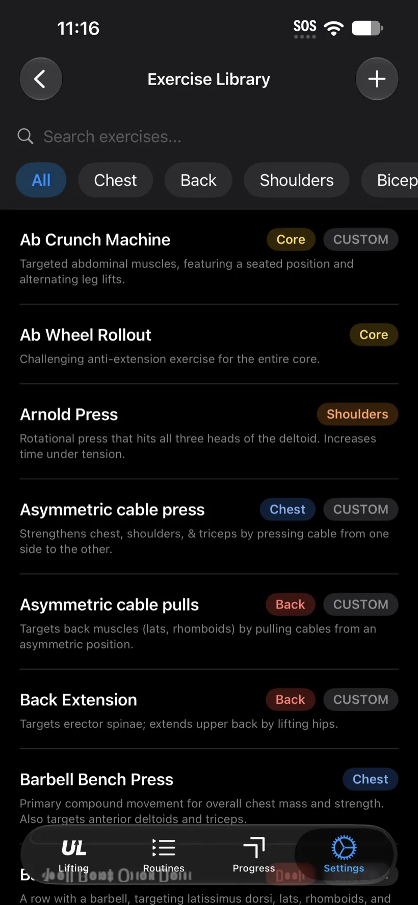 Up Lifting on iPhone &ndash; the searchable exercise library filtered by muscle group