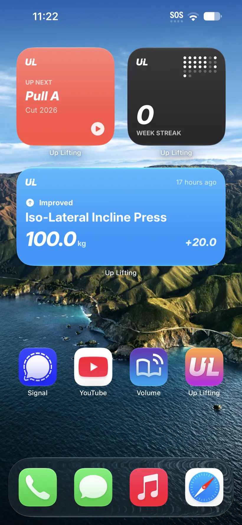 Up Lifting on iPhone &ndash; home screen widgets showing the next workout, week streak and recent improvements