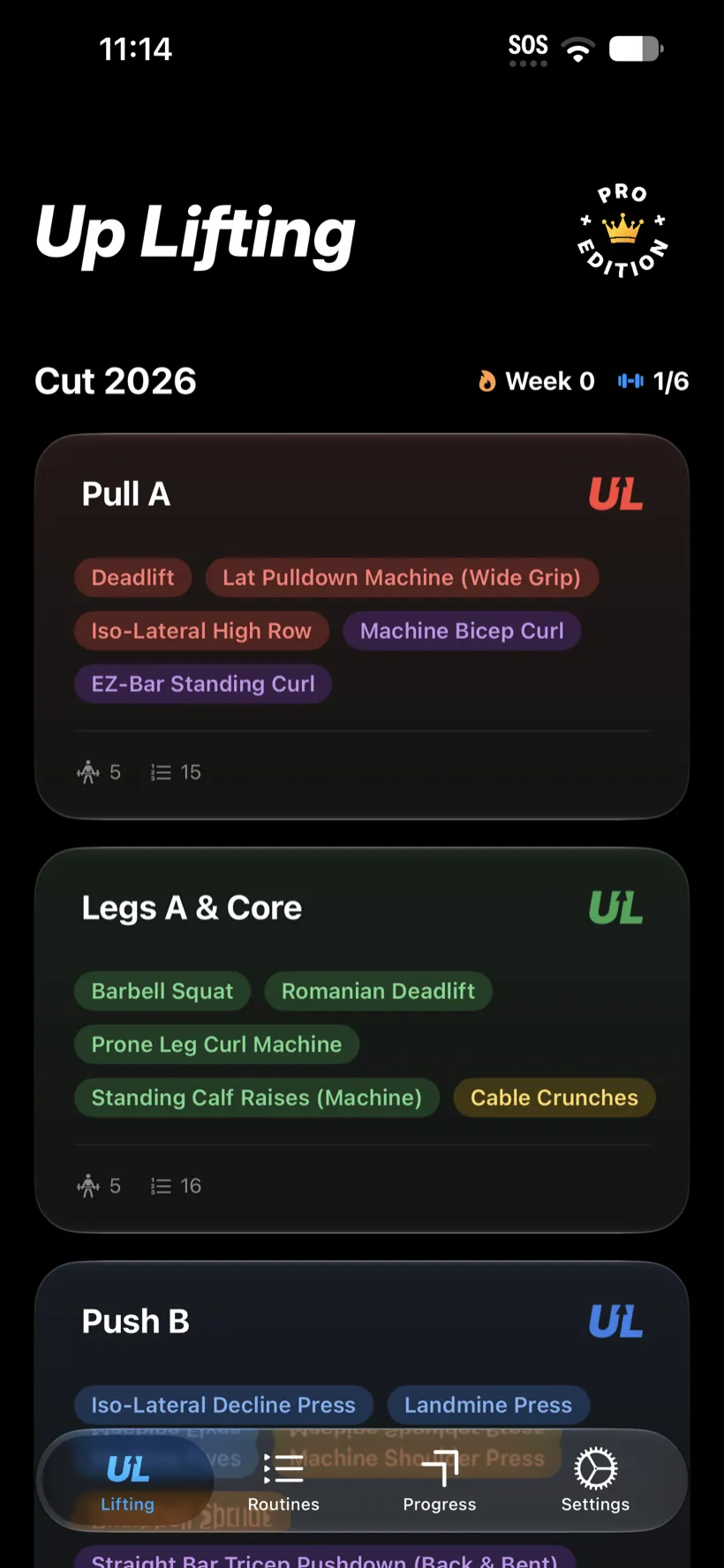 Up Lifting on iPhone &ndash; the home screen in the default dark theme