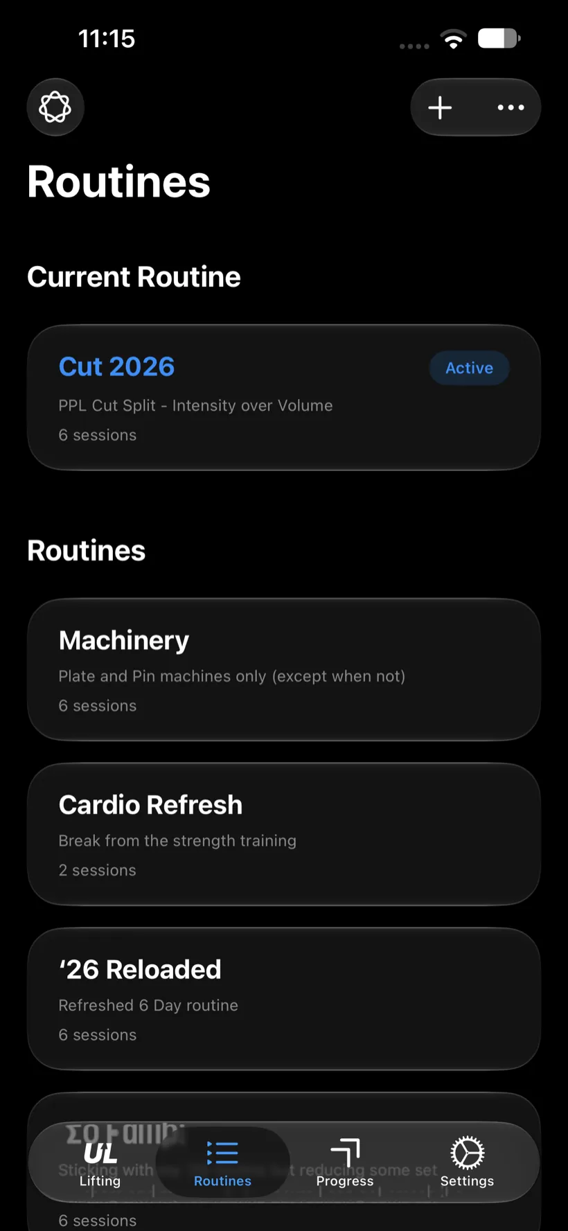 Up Lifting on iPhone &ndash; the routine builder listing planned training splits