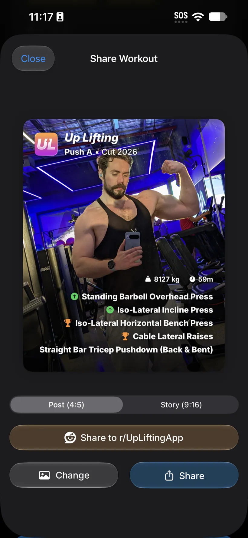 Up Lifting on iPhone &ndash; the share sheet building a workout card over a personal gym photo
