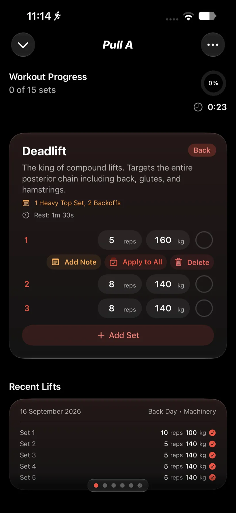 Up Lifting on iPhone &ndash; set row expanded with Add Note, Apply to All and Delete actions